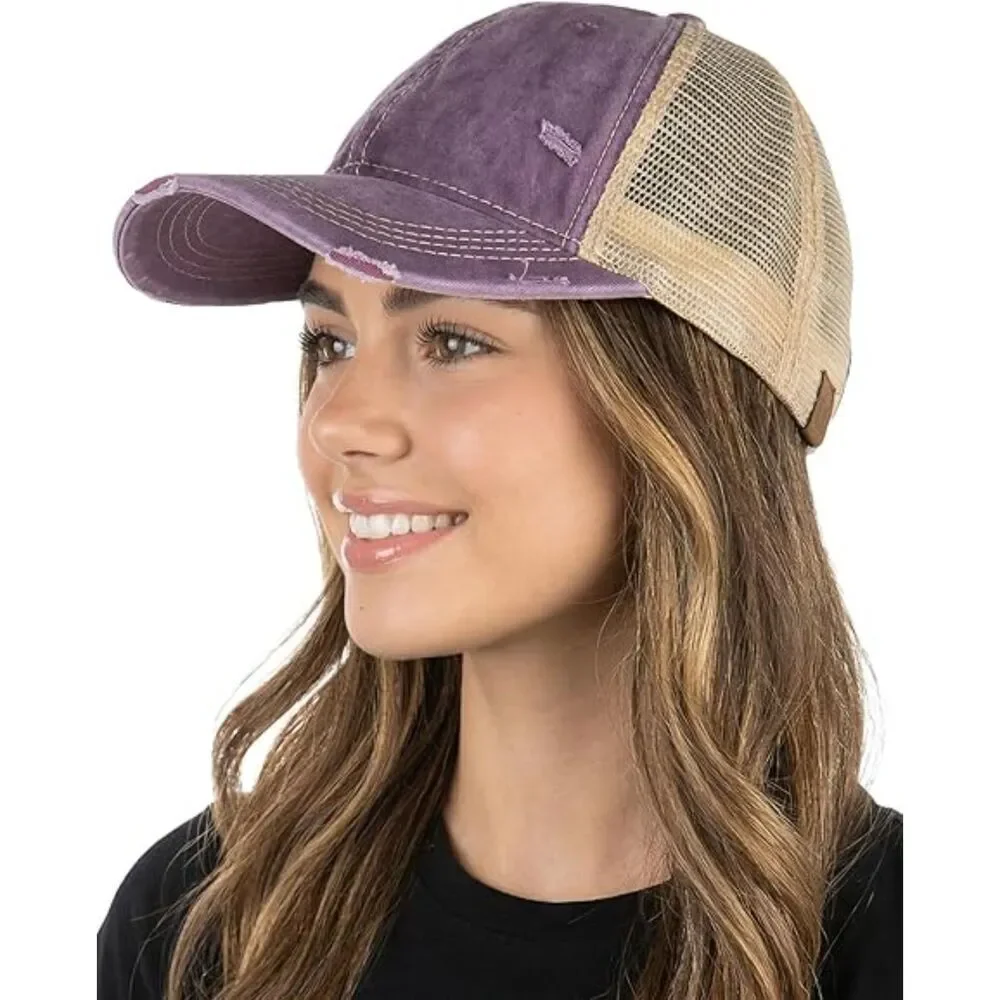 Women's Beige Mesh Washed Violet Adjustable Classic Comfortable Baseball Caps